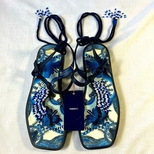 NWT FARM Rio Blue Tile Beaded Flat Sandals, Size 11